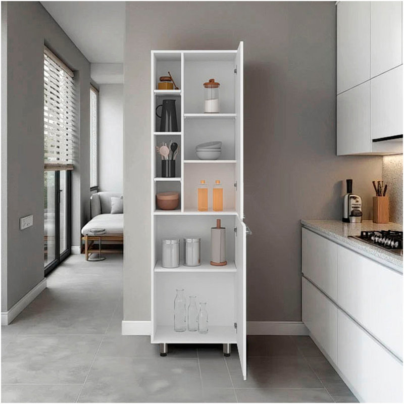 Garde-manger blanc avec plusieurs tablettes ouvertes et fermées