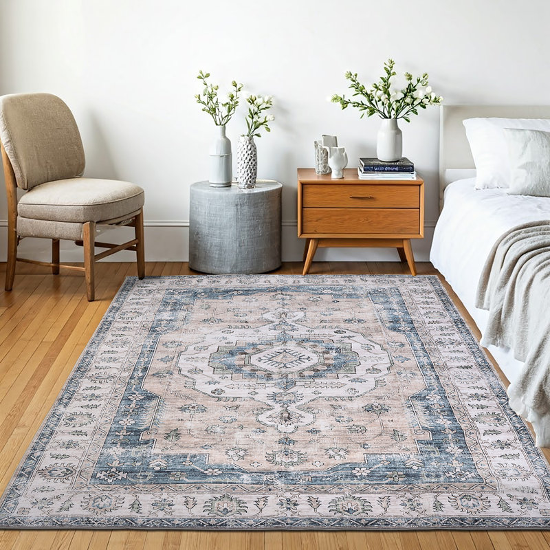 Bungalow Rose Light Blue/Ivory Machine Washable Area Rug – Non-Slip, Stain Resistant, GRS Certified, for Bedroom, Living & Dining