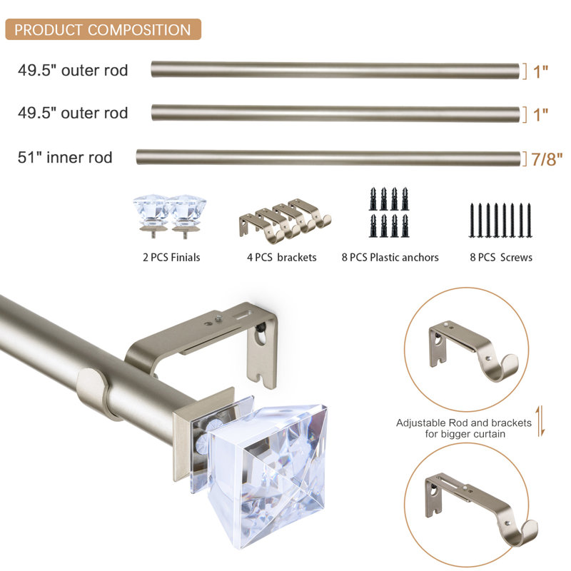 Tringle à rideaux simple réglable Adelfa, Nickel doré, 36" - 72"