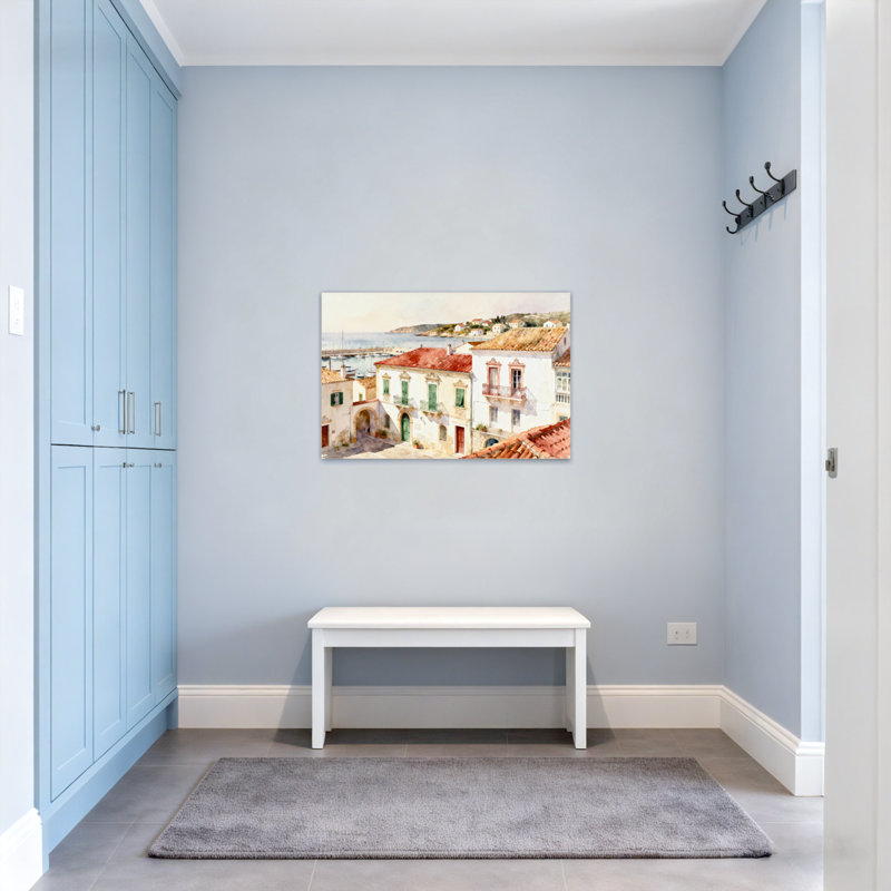 Scène d'aquarelle de village méditerranéen, H 20 po x l 30 po