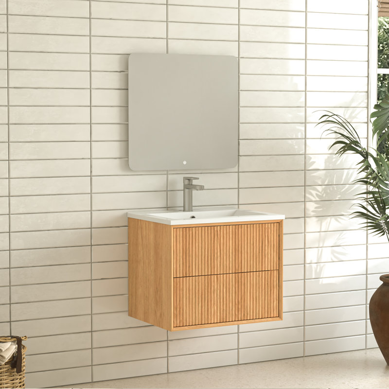 Ensemble de meuble-lavabo flottant 24 po, armoire de salle de bain murale en bois massif avec 2 tiroirs de rangement, lavabo intégré en résine blanche