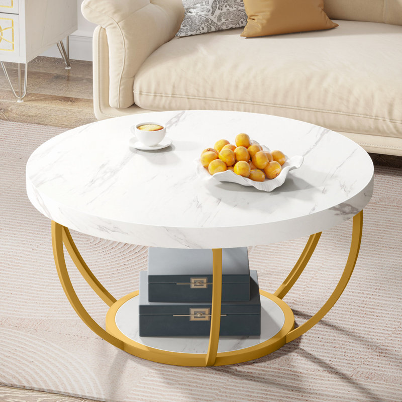 Table basse ronde, table basse à 2 niveaux de 31,7 po avec pieds en faux marbre et en métal, table d'appoint avec centre de table circulaire pour le salon