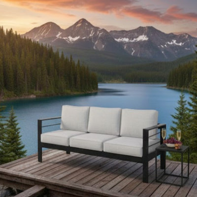 73" All - Weather 3 Seat Outdoor Couch Featuring Black Frame And Thick Gray Cushions, 900 Lbs Weight Capacity, Fade Proof, Zero Maintenance Design 73 Inch Aluminum Patio With Seats, Rust
