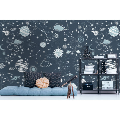 Dark Space Starry Sky And Blue Planets Removable Wallpaper