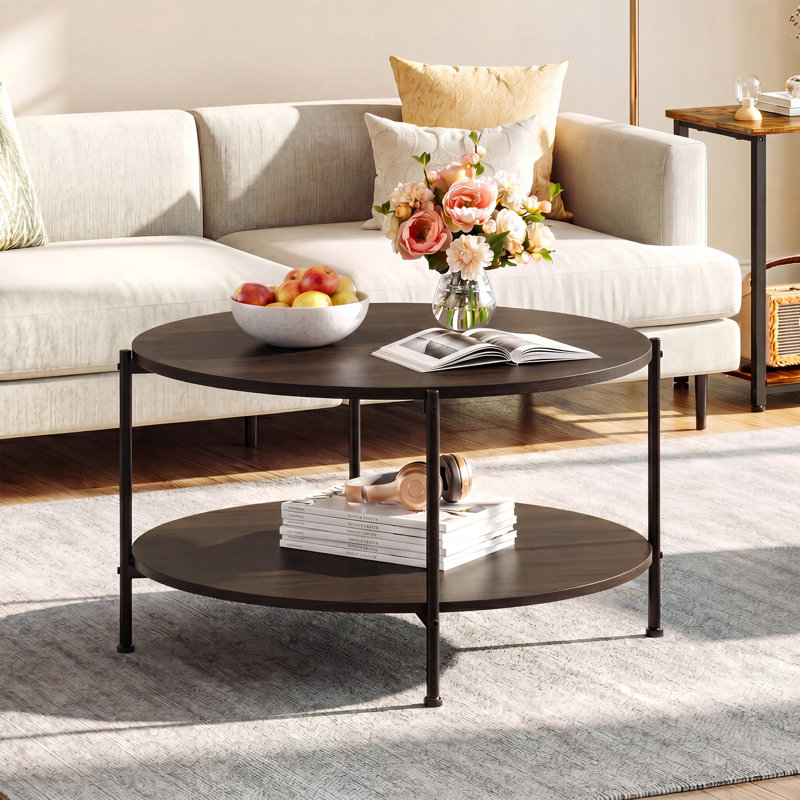 Wynny Round Wood Coffee Table with Storage, Coffee Table for Living Room , Brown Walnut