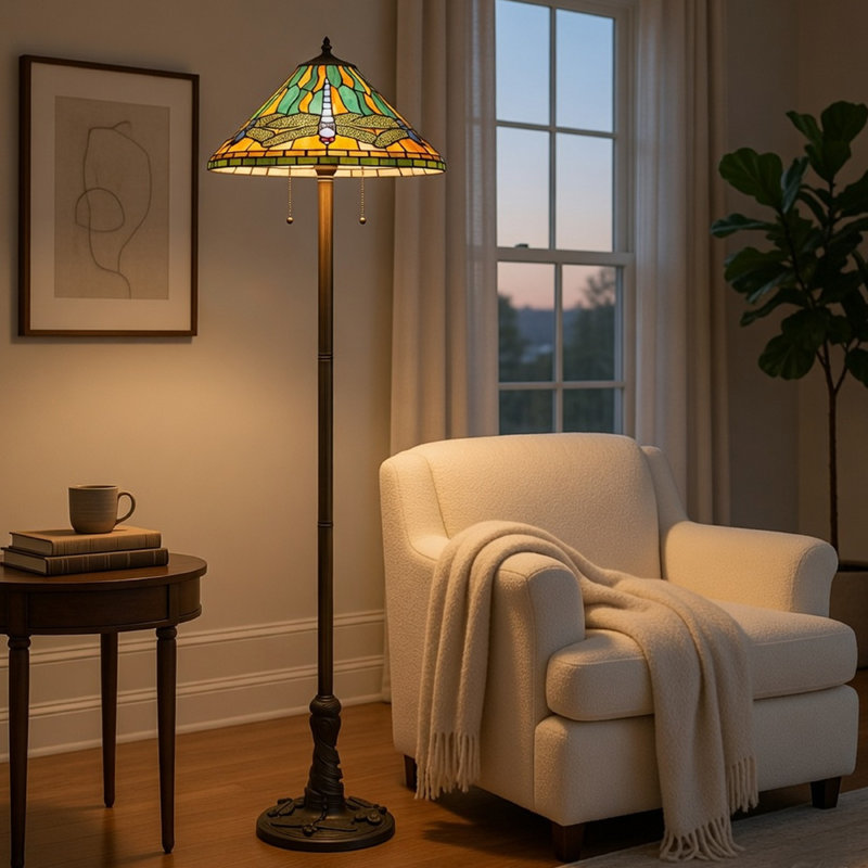 Lampe sur pied Eli Tiffany avec libellule peinte à la main, laiton 63 po