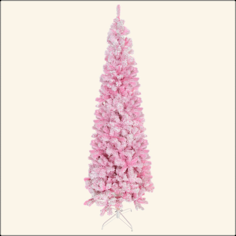 Arbre de Noël artificiel enneigé 7,5 pi de hauteur avec pin en forme de pin et branches réalistes, rose