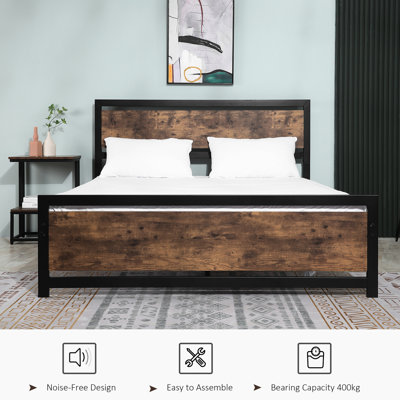 Grand lit plateforme avec repose-pieds et pieds décoratifs industriels - support à lattes en métal, sans sommier, 63 po x 82 po x 40,5 po, rangement sous le lit, lattes en bois foncé avec rangement, support noir de 880 lb