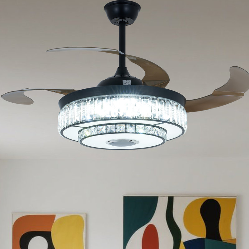 Ventilateur de plafond 42 po rétractable avec lumière à DEL en cristal et télécommande, musique Bluetooth, moteur réversible à 6 vitesses - pales noires et brunes, ventilateur de lustre moderne Glam