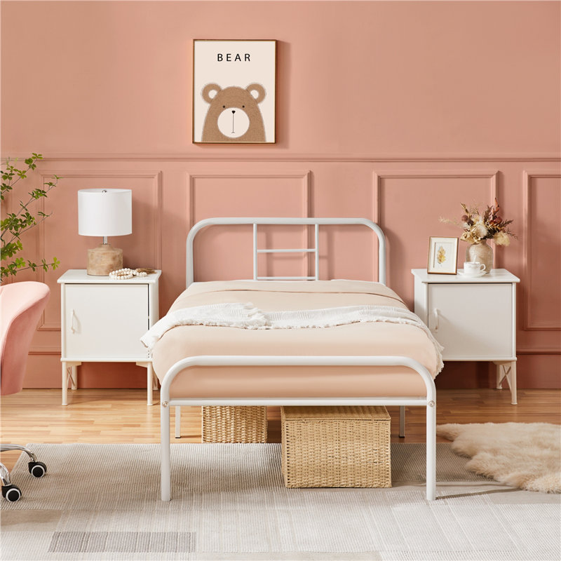 Metal-Framed Bed with High Headboard, White, Single (3')