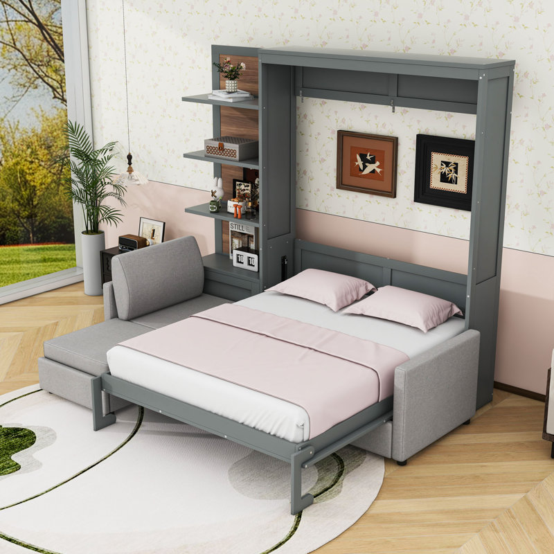 Lit escamotable en bois avec canapé et rangement, gris