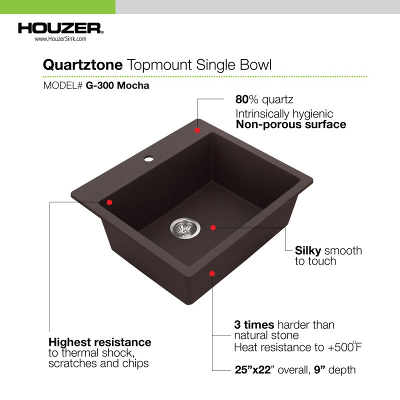 Houzer Quartztone 25 inch Mocha Granite Composite Topmount Single Bowl Kitchen Sink - G-300 MOCHA