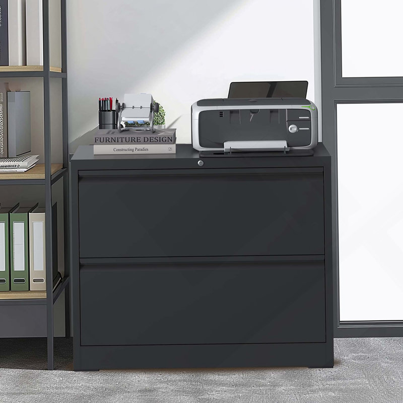 Lateral File Cabinet 2 Drawer, Black Filing Cabinet With Lock, Lockable File Cabinet For Home Office