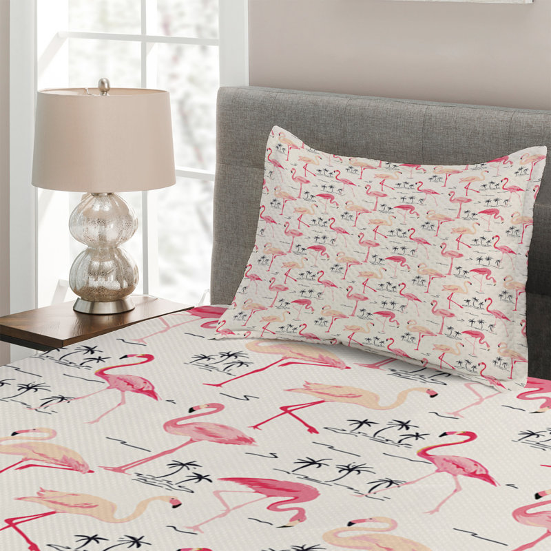 White Twin Flamingo Print Microfiber Bedspread Set