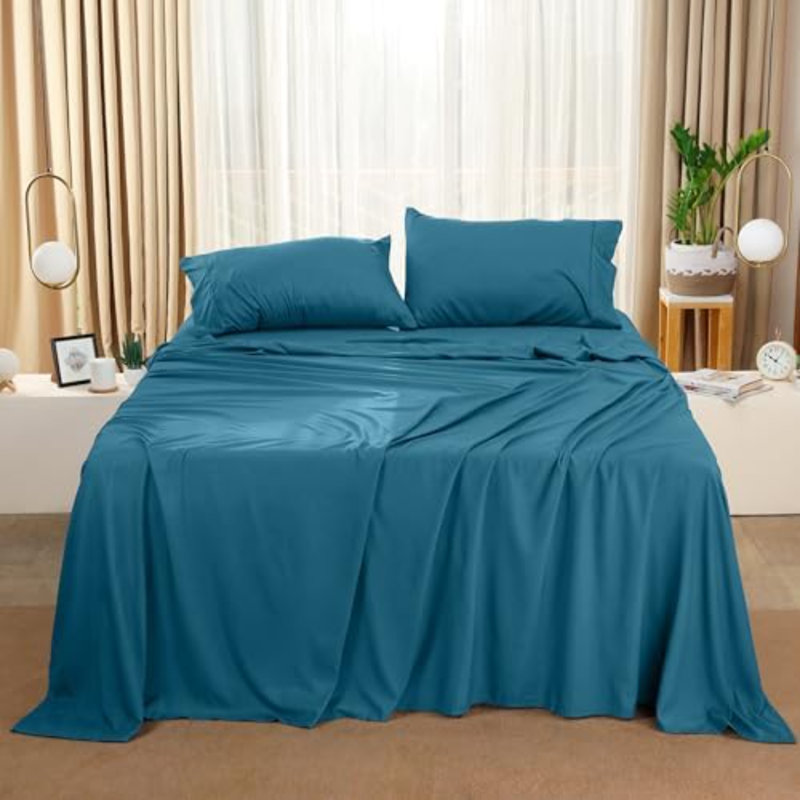 Full Sheet Set – 4 Piece Bed Sheets For Full Size Bed, Soft And Breathable Microfiber, Includes 1 Fitted Sheet, 1 Flat Sheet And 2 Pillowcases (Denim Blue)