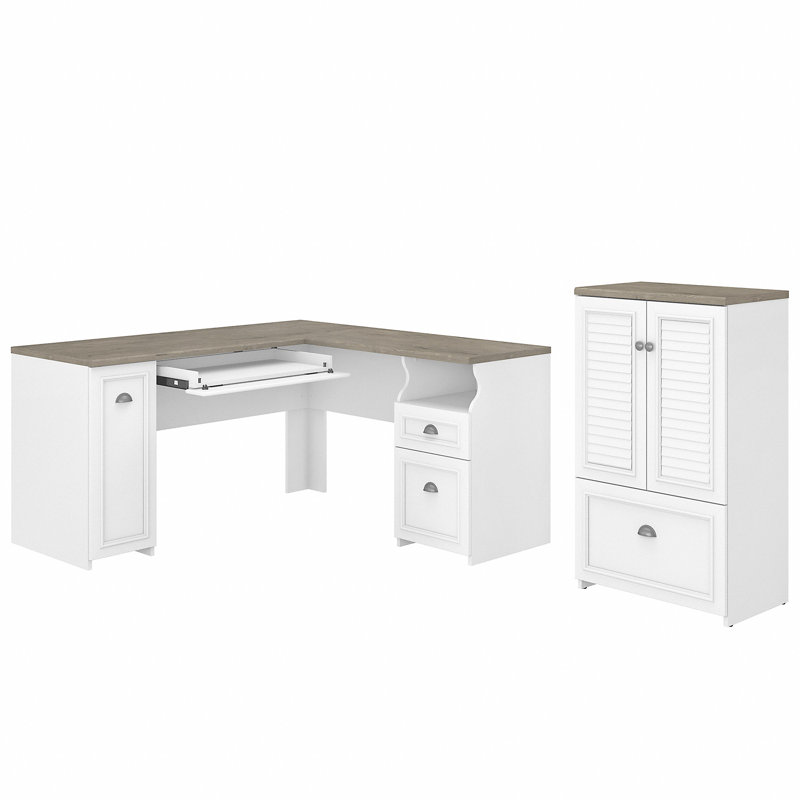 Bureau de direction en L Paelynn, Gris Shiplap / blanc pur
