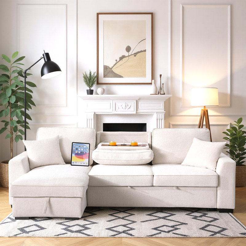 Canapé-lit modulaire en L 90,5 po avec porte-gobelet rabattable, ports USB et méridienne de rangement pour le salon