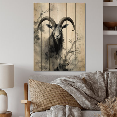 Art asiatique, chèvre Sumi I sur bois