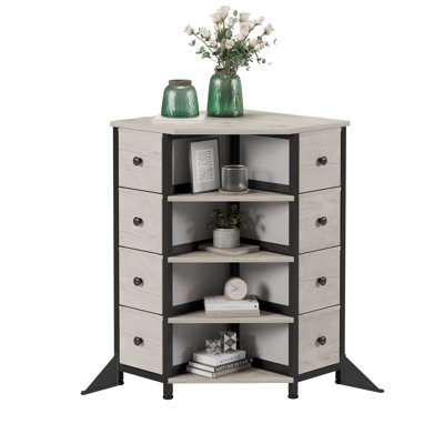 Commode de coin à 8 tiroirs et 4 étagères, meuble de rangement gain de place pour chambre, commode en tissu avec plateau en bois, tour de rangement pour vêtements pour chambre, dressing, salon