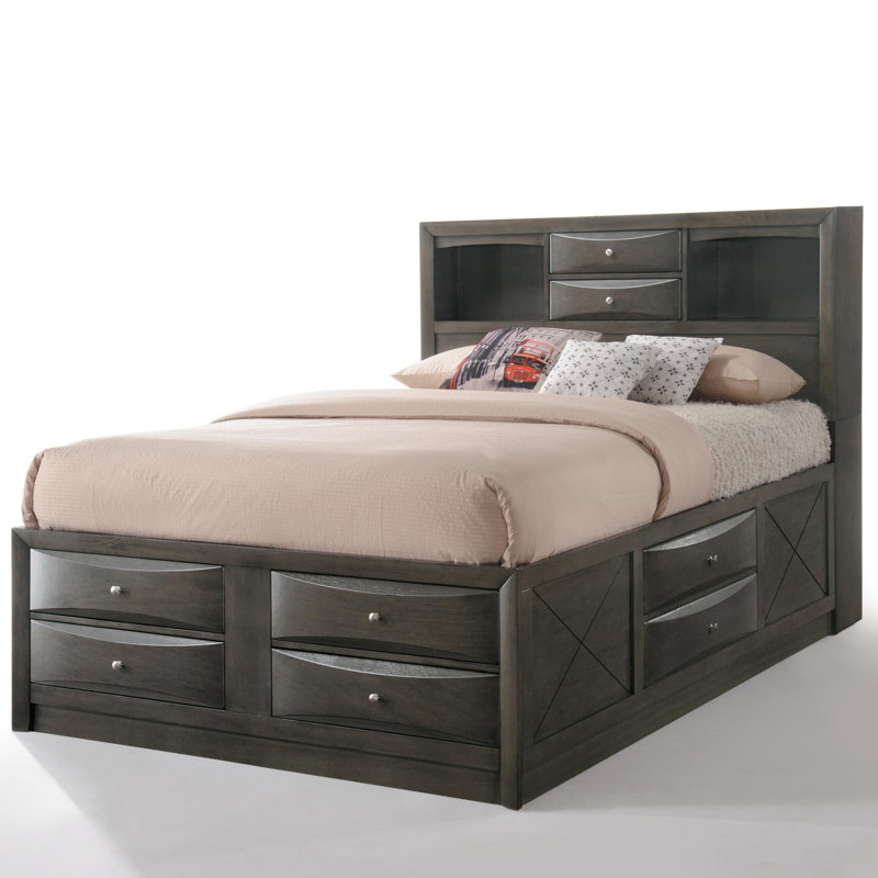 Gray Oak Upholstered King Captain's Bed with Bookcase Storage
