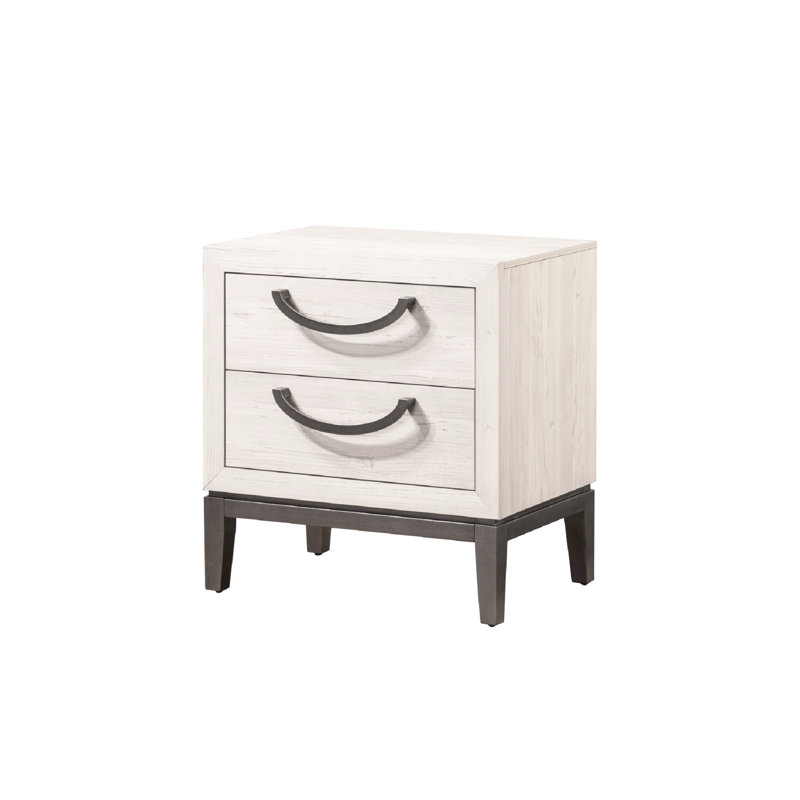 Table de chevet contemporaine en bois massif avec rangement à 2 tiroirs dans une finition beige