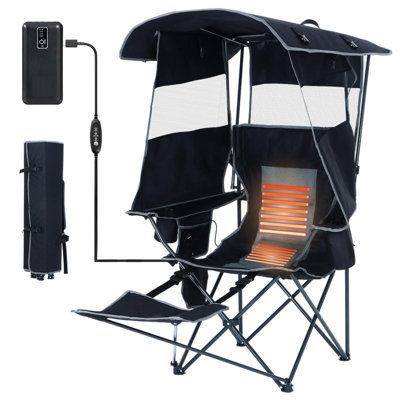 Heated Folding Camping Chair with Shade Canopy and Removable Footrest for Outdoor Activities (Set of 1)