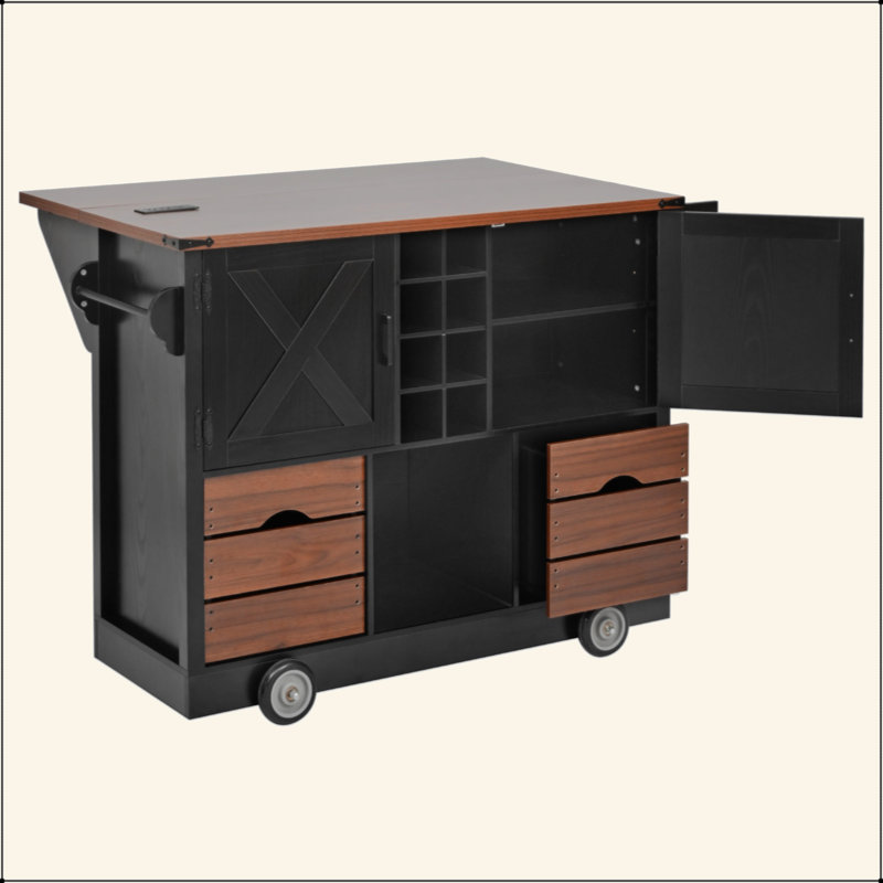 54" Farmhouse Kitchen Island With Drop Leaf, Power Outlet, Kitchen Storage Cart With 2 Doors, 2 Drawers, Rolling Kitchen Island On 4 Large Wheels With Spice Rack For Kitchen, Dining Room