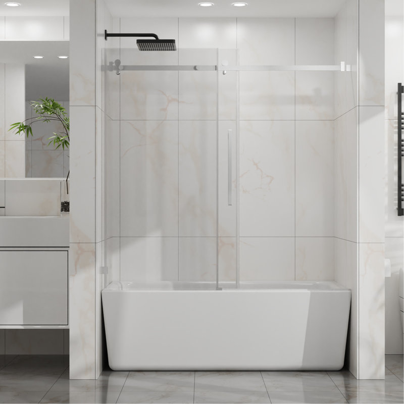 56 - 60 In W Adjustable Bathtub Door, 58 H, 1/4" (6mm) Tempered Glass, , Splash Proof Design, Quiet Operation Glass Shower Finish, Splash Threshold, Smooth Silent Sliding