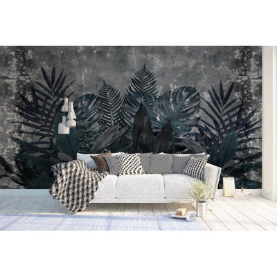 Tropical Dark Green Anthracite Leaves Removable Wallpaper