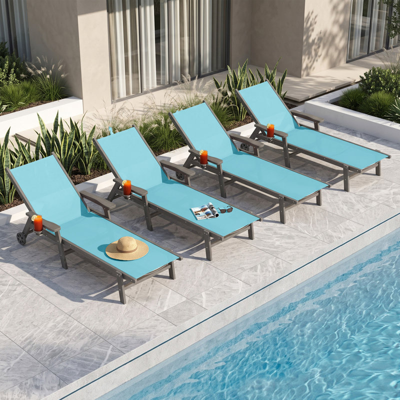 Chaise longue inclinable d'extérieur en textile PEHD (lot de 4), Blue/White, 4