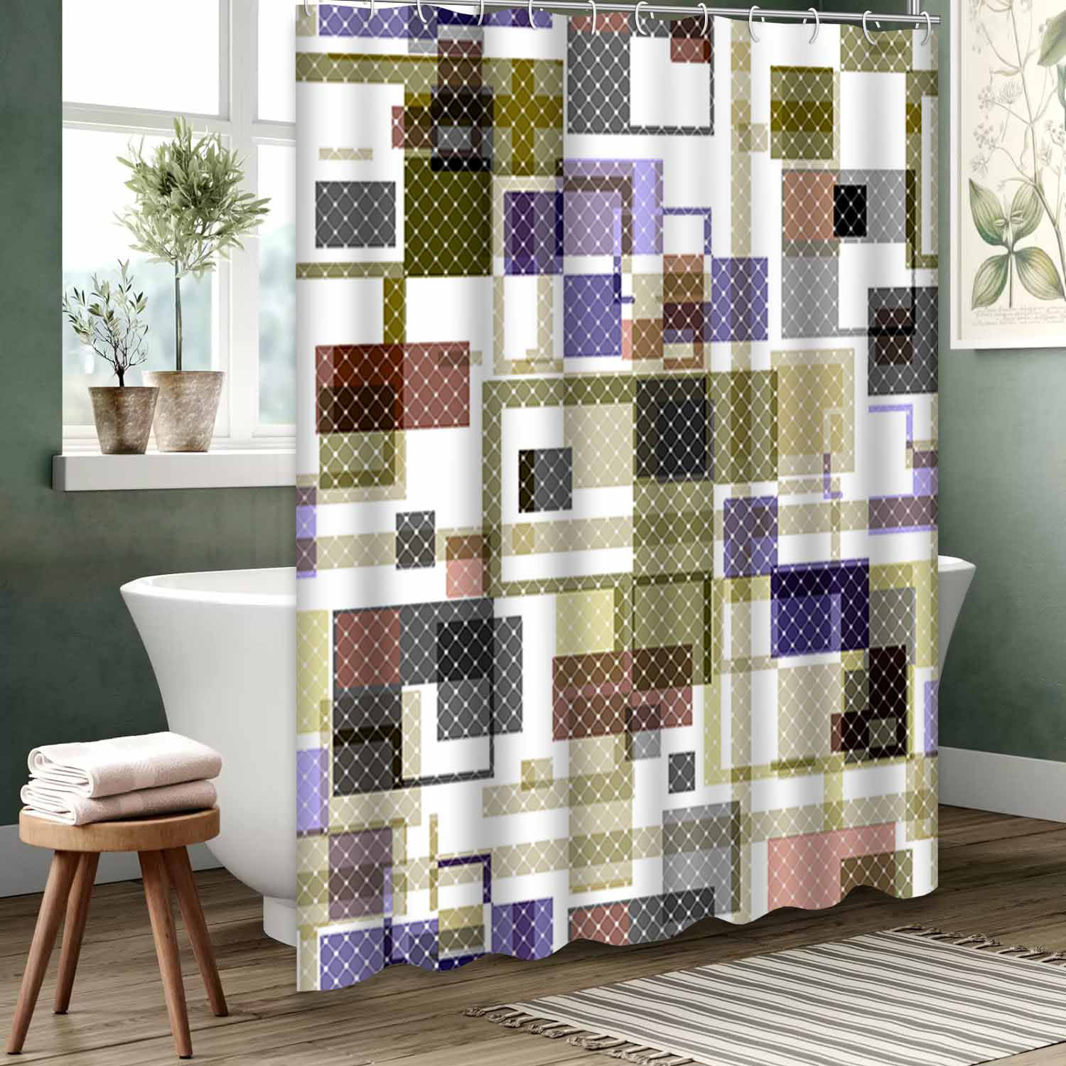 East Urban Home Beige Waterproof Shower Curtain,Checkered Plaid Tartan ...