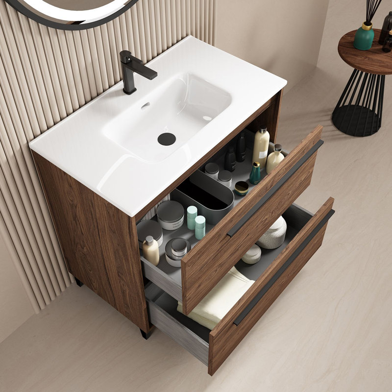 Lotus 28.0" Freestanding Single Bathroom Vanity with Ceramic Top, Walnut, 32"