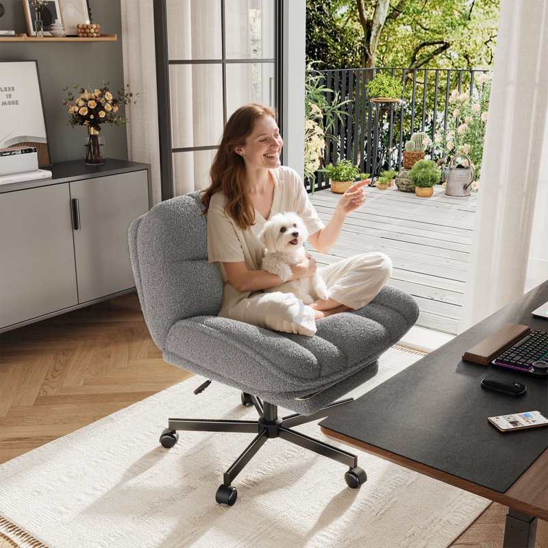 6.3" Thick Cushioned Cross Legged Swivel Office Chair With Foot Rest And Wheels, Height Adjustable, Gray