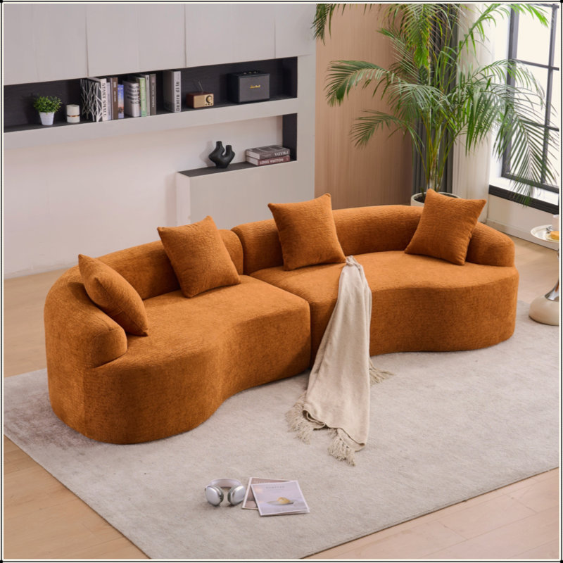 4 Seater Orange Sofa With Wood Grain Chenille Fabric, 30D ,60 Hardness Full Sponge,4 Pillows  For Living Room,  Home Furniture Sleeper Sectional Sofa For Apartment