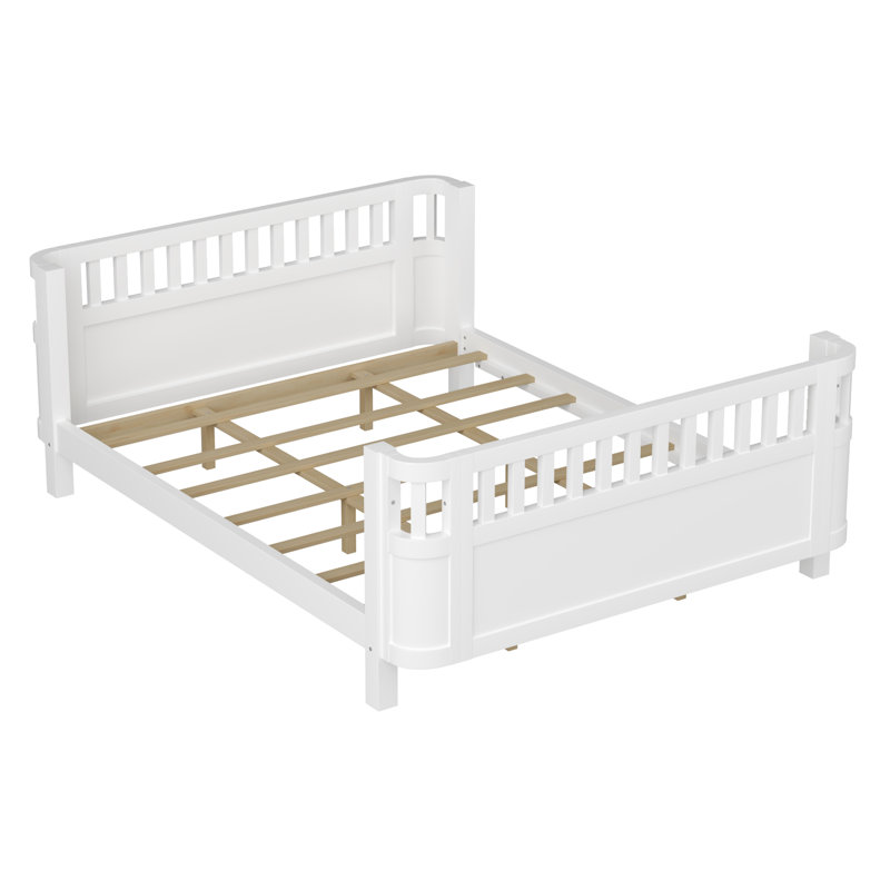 Kids Convertible Platform Bed with Removable Fence, Wood Daybed Low Bed for Transition Sleep, Queen Size, White, White