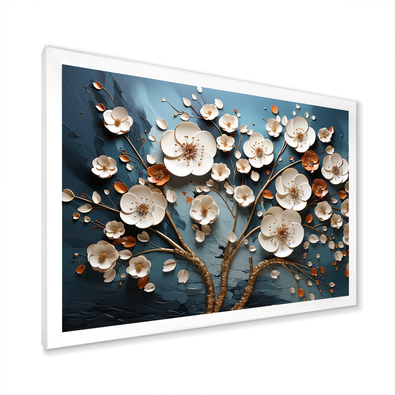 Orchidée blanche et bleue, arbre III - Art floral abstrait, Cadre d'angle fermé blanc, H 24 po x l 32 po x P 1 po