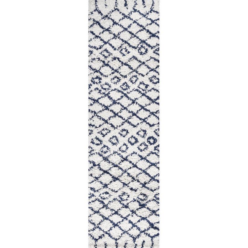 Tapis beige / bleu marine à poils longs Sineu, Tapis de couloir 2 pi 3 po x 8 pi