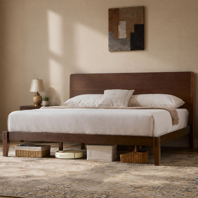 Solid Wood King Platform Bed with Japanese Joinery & Panel Headboard, Walnut