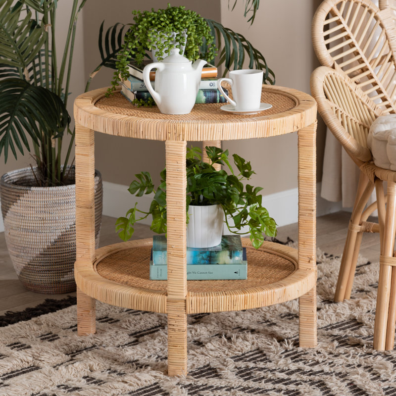 Bella Natural Mahogany Wood and Rattan 2-Tier Round Accent Table