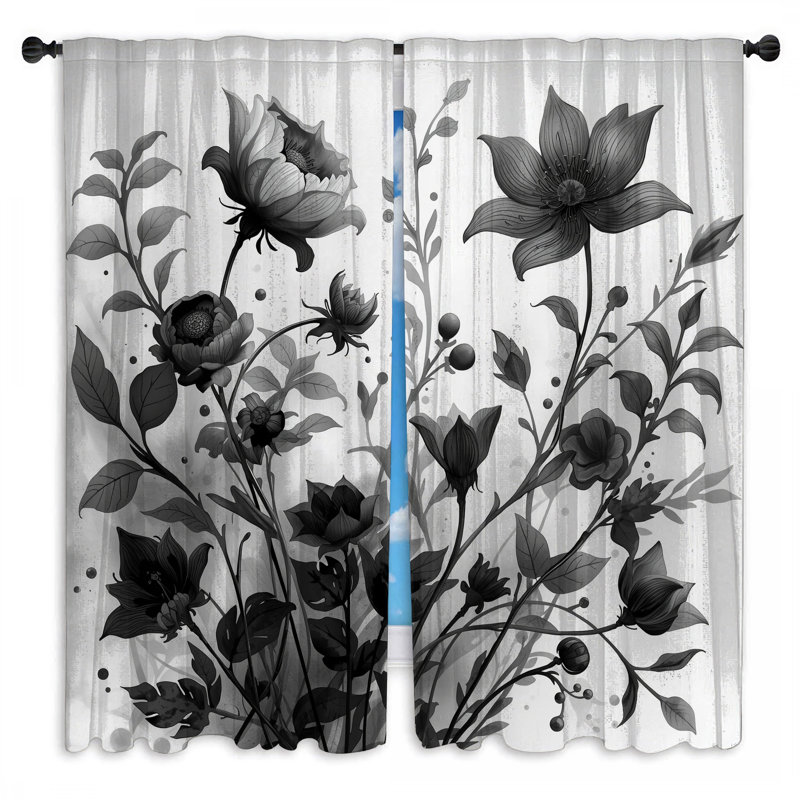 Illustration botanique monochrome de rideaux de fenêtre obscurcissant et obscurcissant - 2 panneaux, Transparent