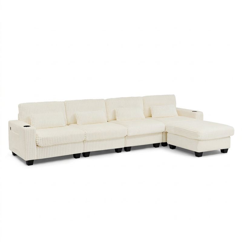 Canapé modulaire en L avec repose-pieds détachable, poches de rangement et porte-gobelets en forme de L, coussins lombaires inclus