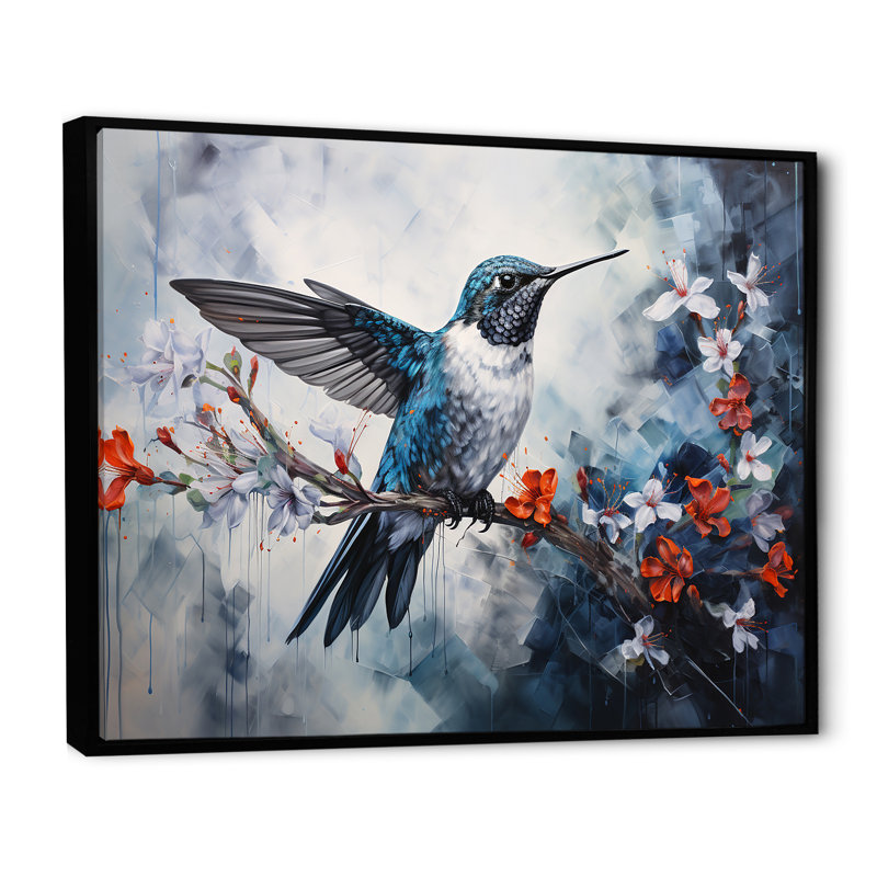 Colibri harmonie florale sur toile, Cadre flottant noir, H 16 po x l 32 po x P 1 po