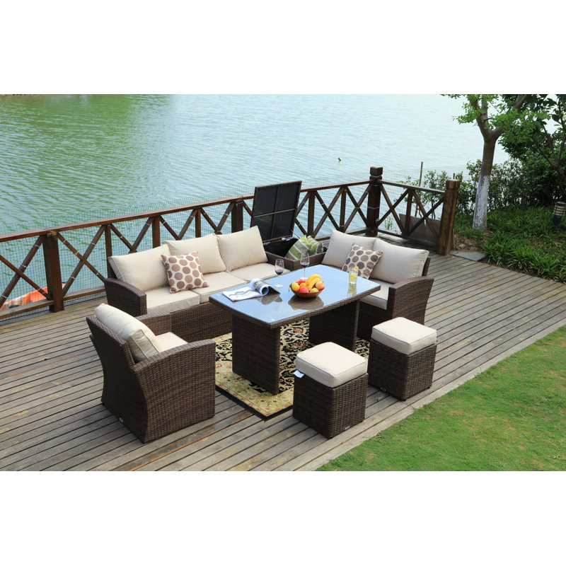 Ensemble de conversation d'extérieur en osier pour 6 personnes avec coussins Baecher, Structure brune / coussin beige