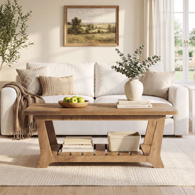 Rectangle Coffee Table with Storage, Farmhouse 47.2-Inch Wooden Center Tea Table with Shelf for Living Room