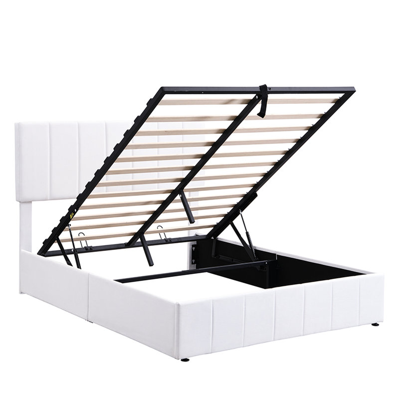 Lit plateforme double rembourré blanc avec rangement hydraulique. Structure robuste en contreplaqué, 12 lattes. Aucun sommier tapissier requis. Revêtement en lin fin. Capacité de 400 lb. Matelas L 78,3 po x l 57,4 po x H 45,5 po
