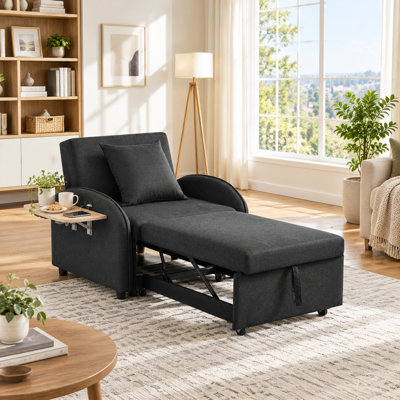 Canapé-lit convertible 3 en 1 avec dossier réglable, ports USB et Type-C, table d'appoint pliable - Lin noir