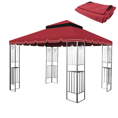 Red 10X10 Ft Gazebo Replacement Cover. Protected, Water-Repellent. Double Layered With Drains And Netting Patio Roof - Red. Quality . Water . With