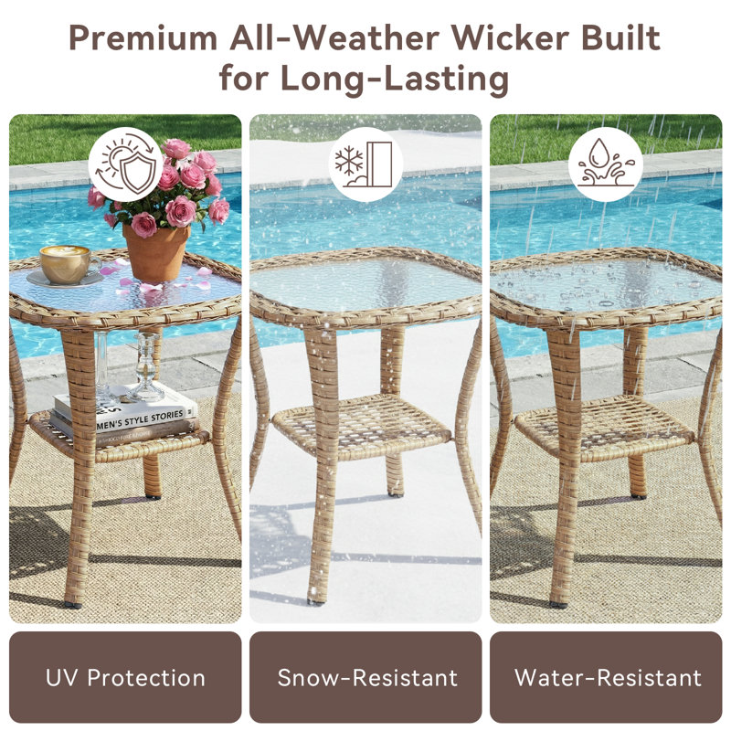 20 inch Patio Side Table, Outdoor Patio Wicker Square End Table Double Storage Layer, All-Weather Rattan Coffee Tables Porch Furniture for Backyard Poolside Garden