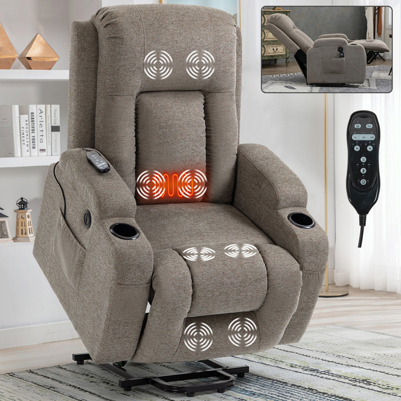 Power Lift Recliner Chair Heat Massage,USB and Type-C Ports.Cup Holders, Brown
