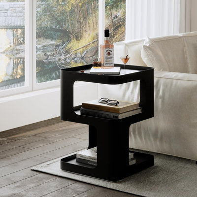 Table d'appoint, table de bout moderne, table de chevet unique, table de chevet, table de chevet en métal noir avec rangement, table d'appoint décorative pour canapé, chambre à coucher, salon. Aucun assemblage requis